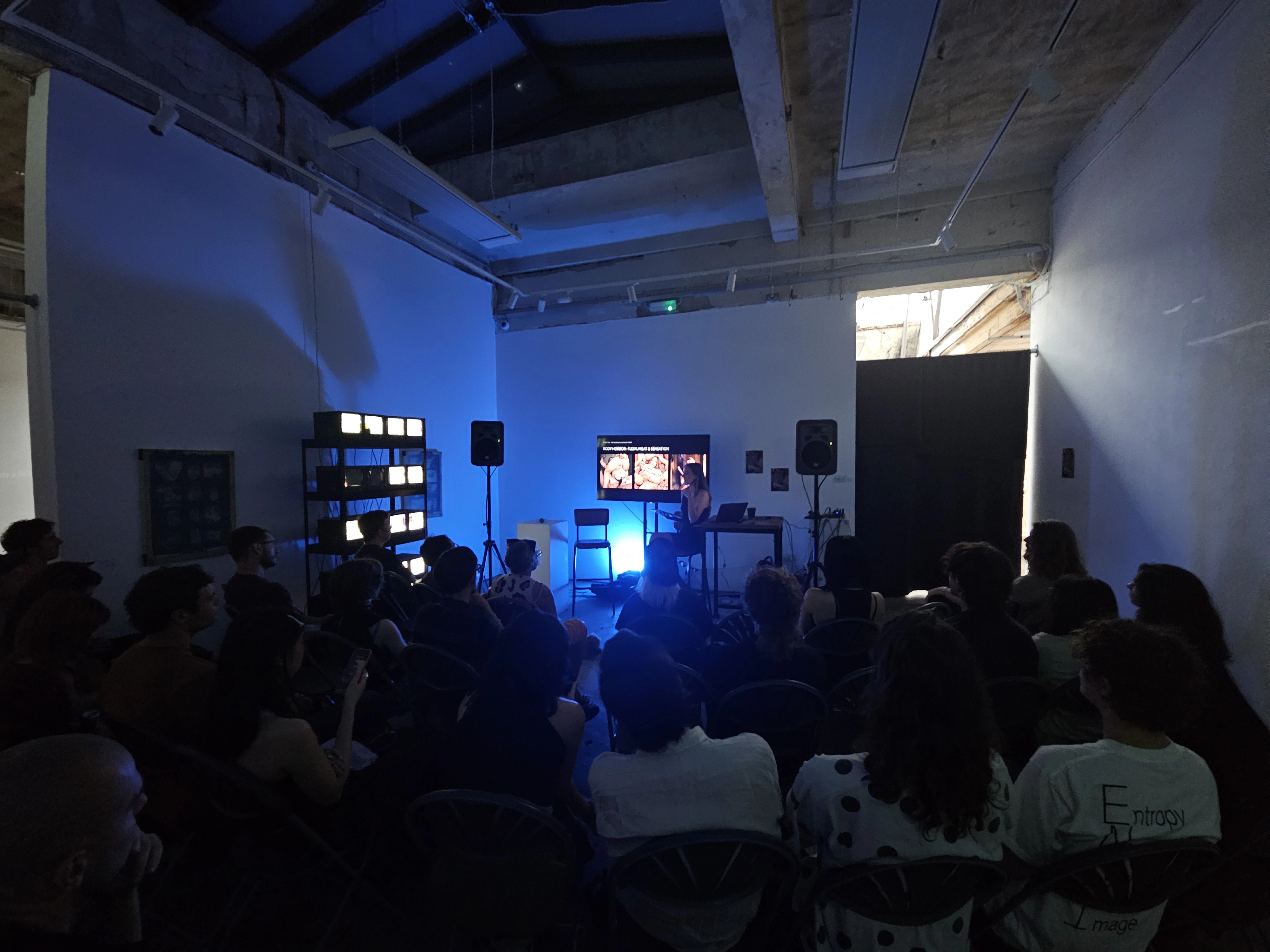 Erin Robinson and Anthony Frisby presenting Artificial Intimacies and Erotics of the Synthetic Self at Phreaking Collective's BitRot exhibition, London, 2025
